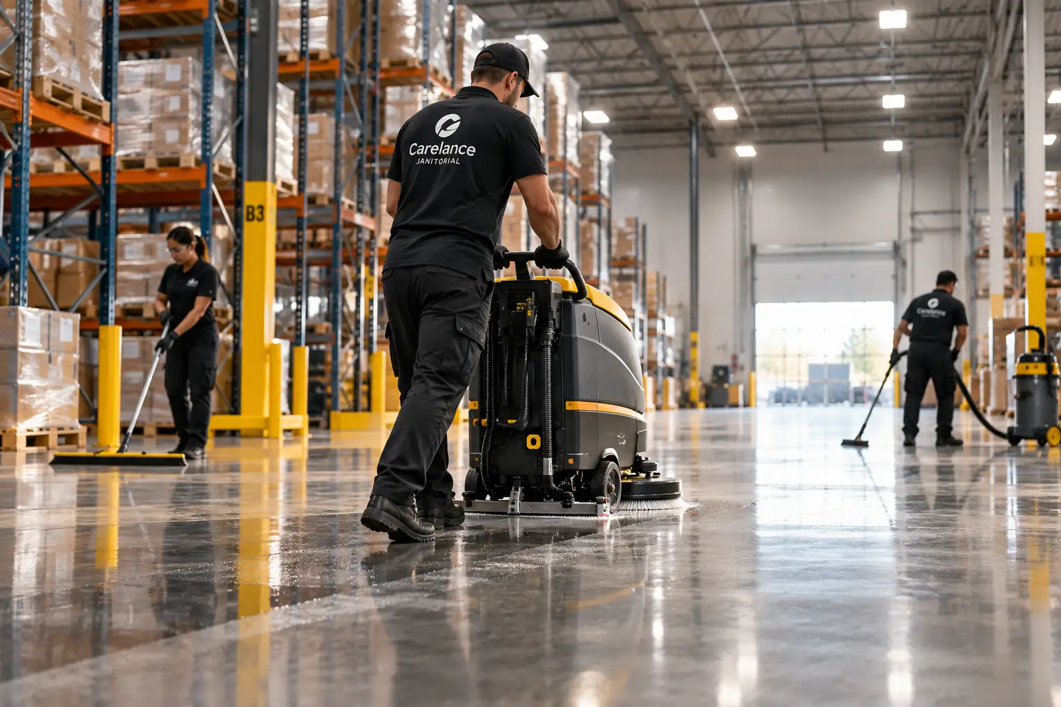warehouse floor cleaning team